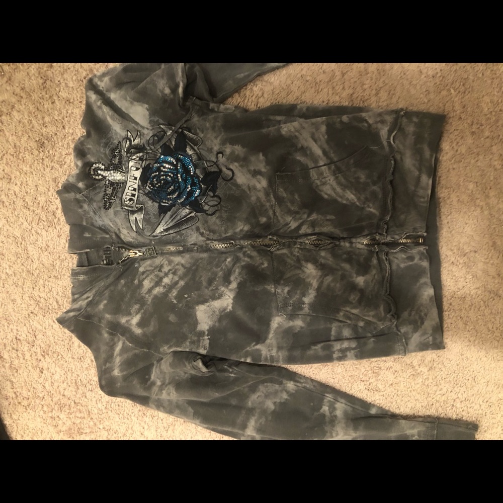 Distressed Grey Zip Up Rhinestone Jacket